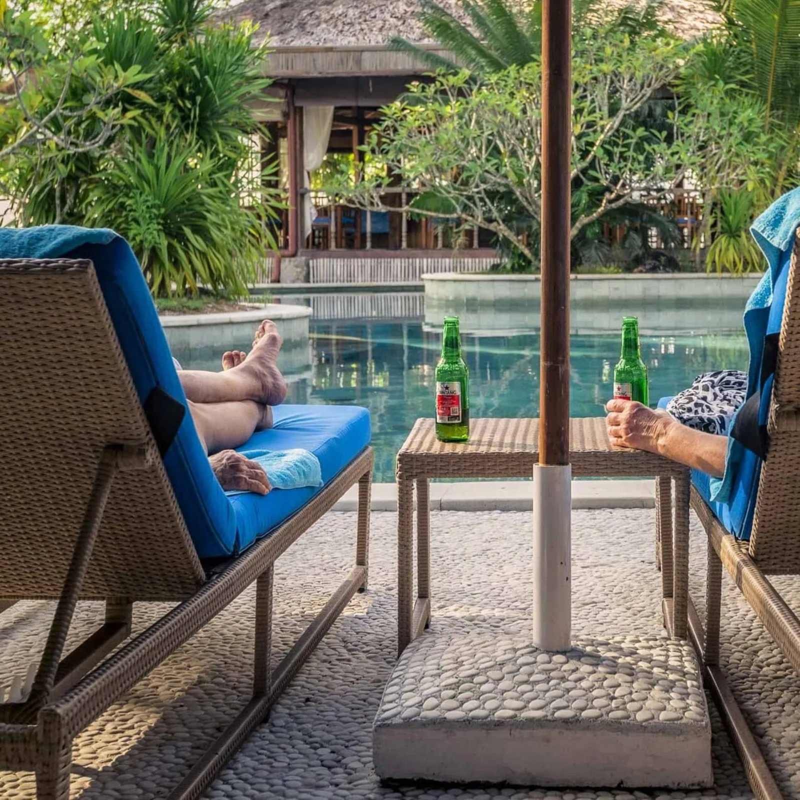 Sun beds beside the saltwater pool