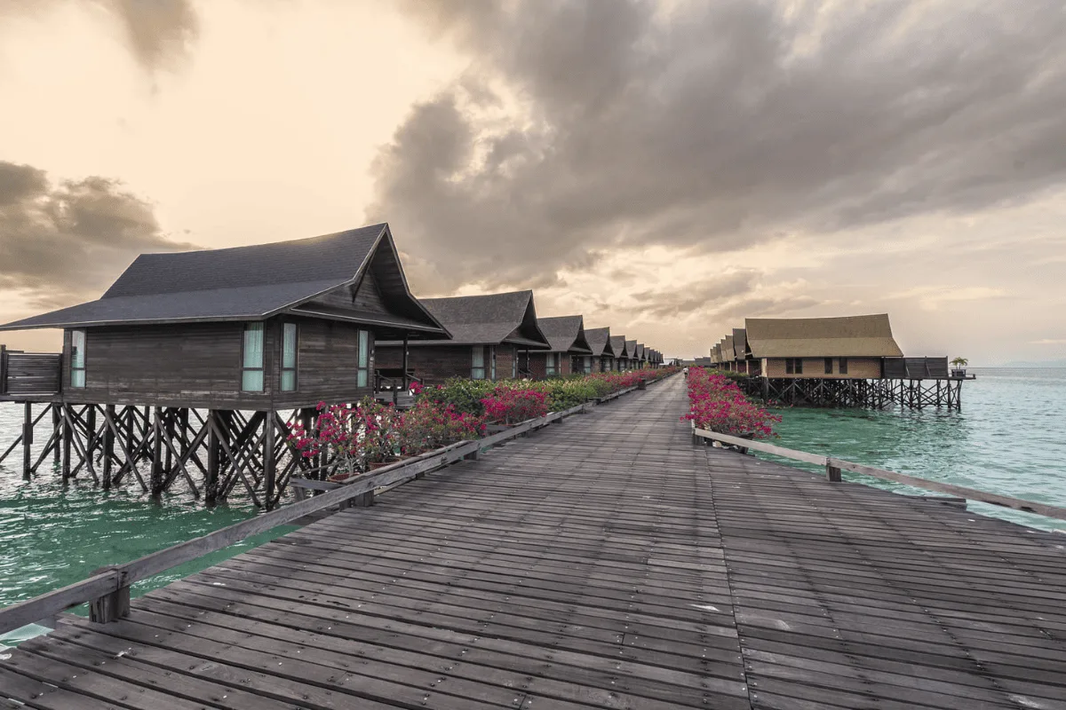 Resort boardwalk at dusk