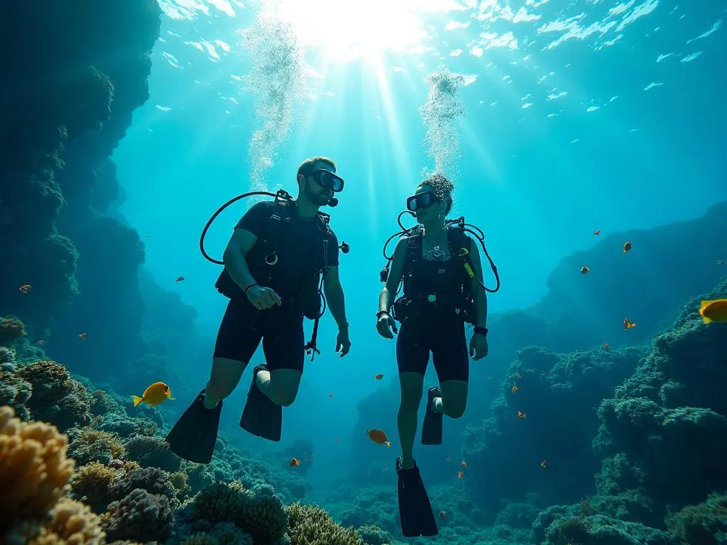 Two divers in the sunbeams