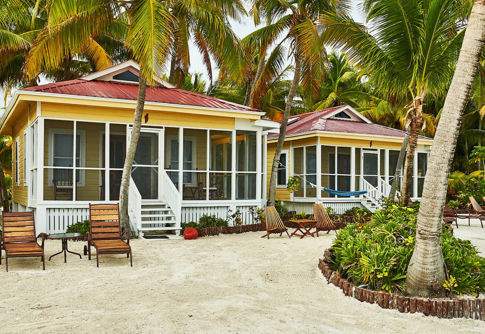 Red-roofed cottages on the beach