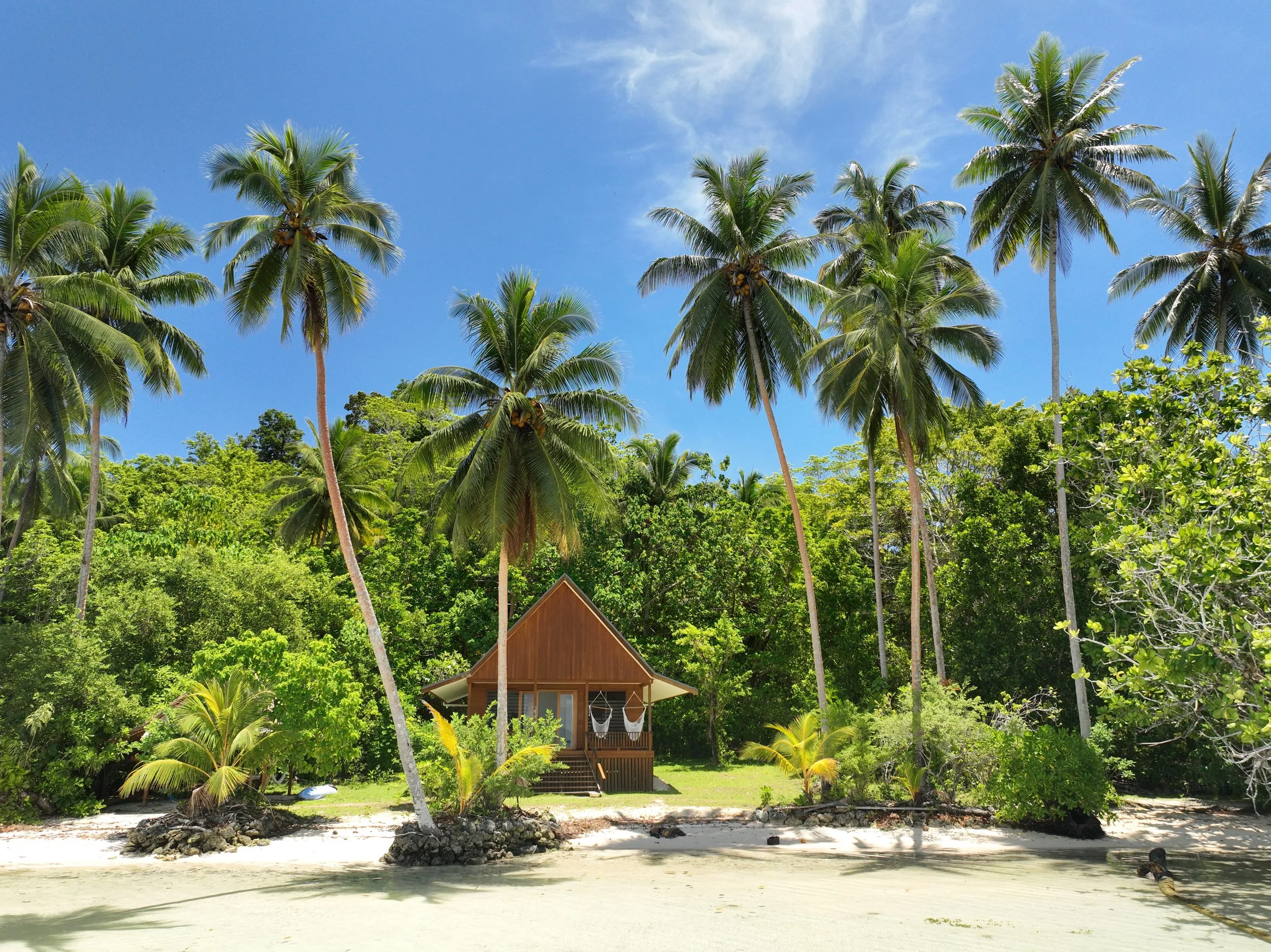Beach with palms and a beach house
