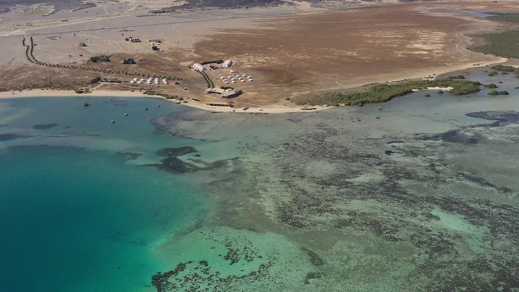Turquoise lagoon and reefs from the air