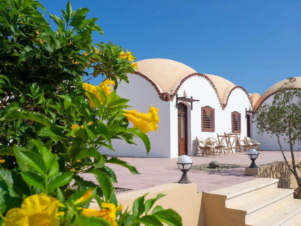 Domed chalets and flowering shrubs